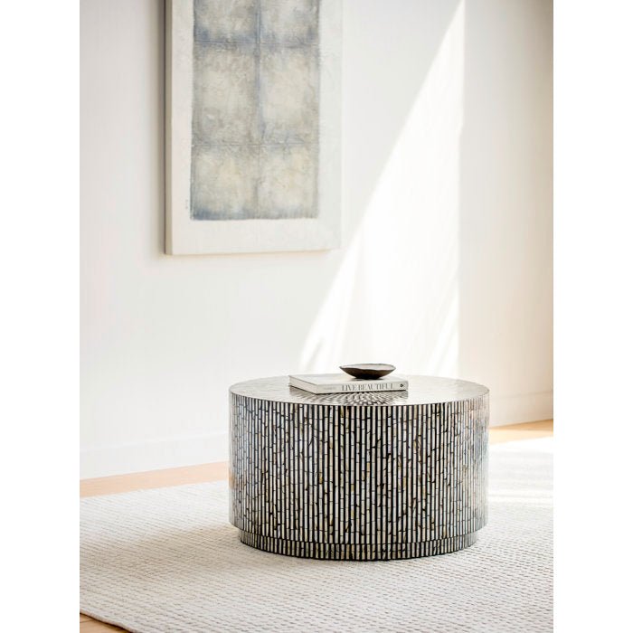 Handmade Bone Inlay Round Coffee Table - Black & Cream - Boho Chic Home Decor for Living Room, Bedroom & Office