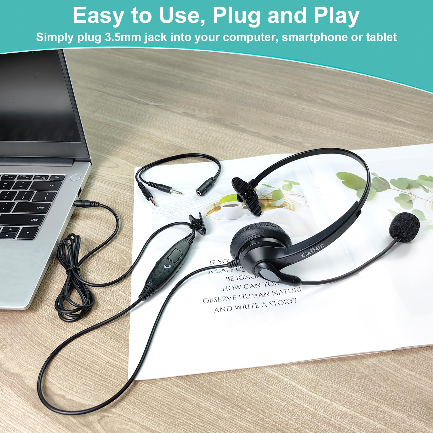 Callez 3.5mm Wired Headset with Microphone & Noise Cancelling - Compatible with iPhone, Laptop, Computer, Mac, Tablet - Ideal for Teams, Zoom, Skype Calls, Business, Call Center & Office Use - Ultra Comfortable Design for Long Wear