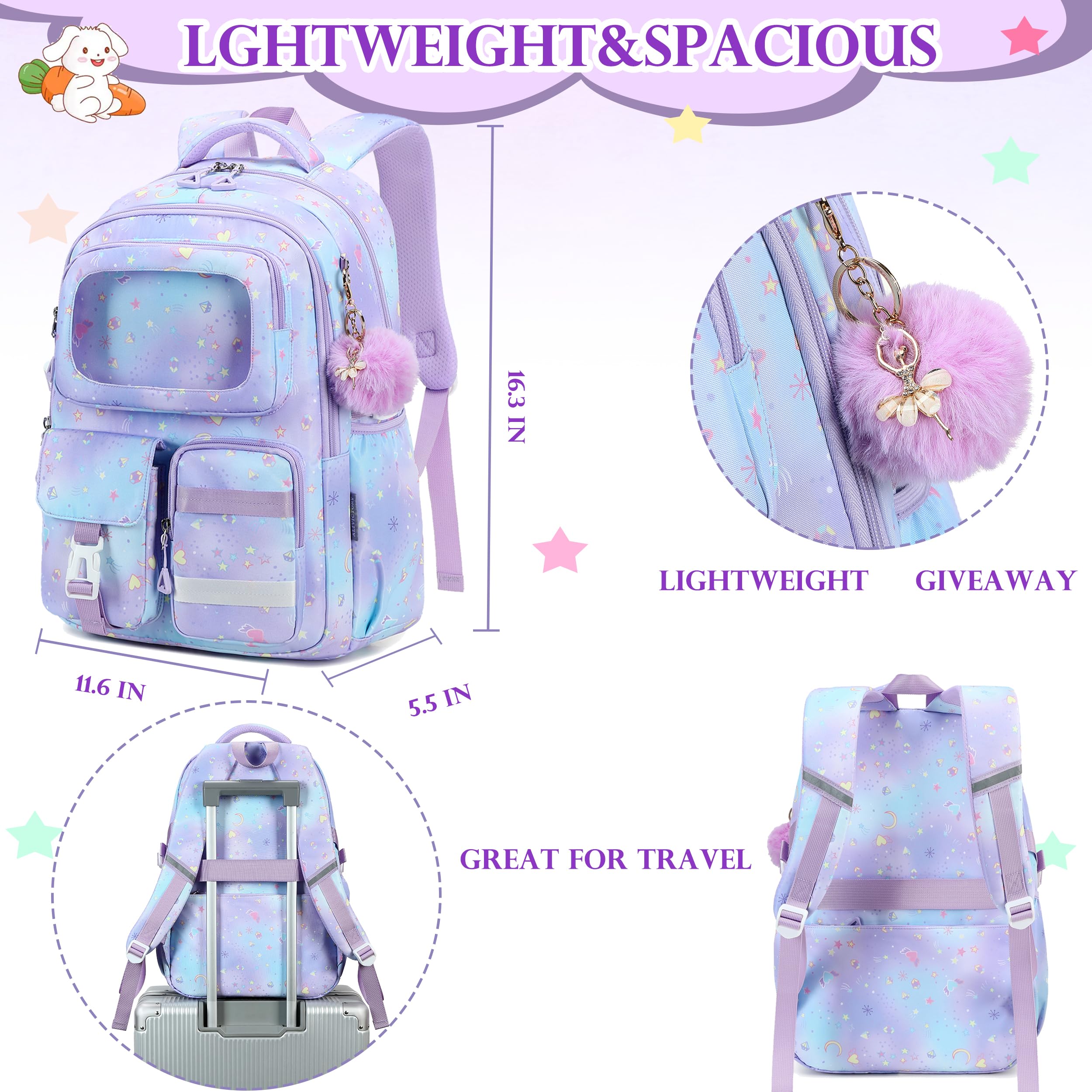 AO ALI VICTORY Girls Backpack - 15.6 Inch Cute School Backpack for Kids, Teens & Elementary Students - Lightweight Laptop Bookbag for Kindergarten, Travel & Daypack (Purple) - Perfect for School, College, Travel & Daily Use