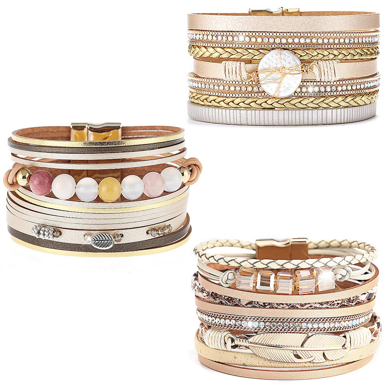 Wowanoo 3-Pack Leather Cuff Bracelet Set for Women - Multilayer Wrap Bracelet with Crystal Feather Tree Design & Magnetic Clasp | Boho Chic Jewelry for Everyday Wear, Parties & Gifts
