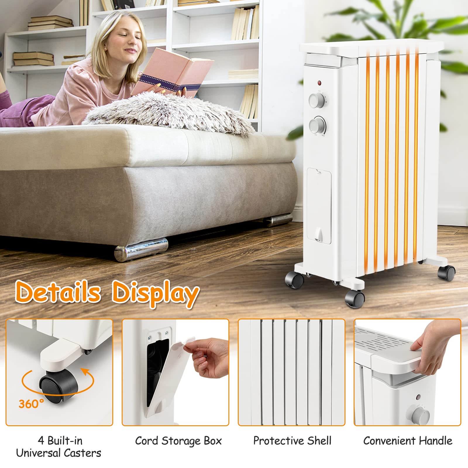 Tangkula 1500W Oil Filled Radiator Heater - 3 Heat Settings, Adjustable Thermostat, Overheat & Tip-Over Protection - Quiet Electric Space Heater with Hanging Rack for Bedroom, Office & Indoor Use (White)