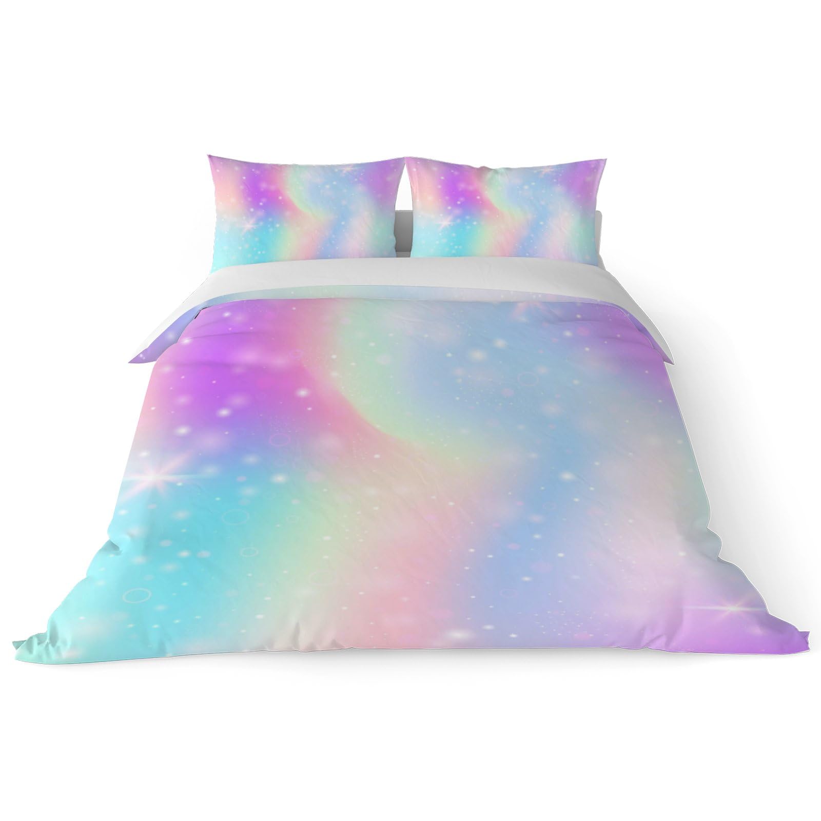 Starry Galaxy Rainbow Duvet Cover Set - 3 Piece Queen Size Bedding with Pillowcases (Comforter Not Included) | Space Themed Bedroom Decor for Kids & Teens