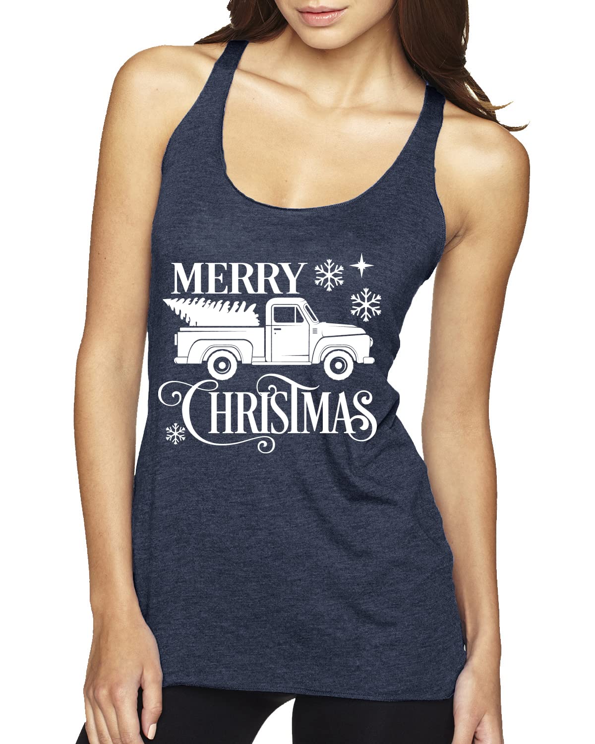Merry Christmas Tree Print Racerback Tank Top - Soft Tri-Blend Fabric - Holiday Party, Gift Exchange & Festive Outfit