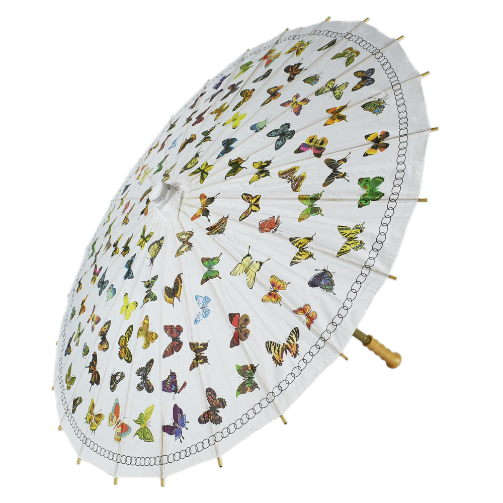 32 Elegant Butterfly Paper Parasol Umbrella - UV Sun Protection with Wooden Handle for Garden Parties, Weddings & Outdoor Events