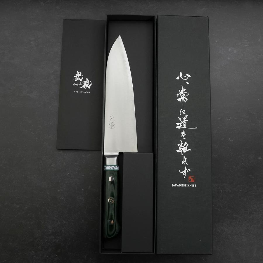 Premium Santoku Knife 180mm - Blue Steel #2 Blade with Stainless Clad & Polished Green Micarta Turquoise Handle - Perfect for Sushi, Vegetables & Meat Cutting - Professional Japanese Kitchen Knife for Chefs & Home Cooks