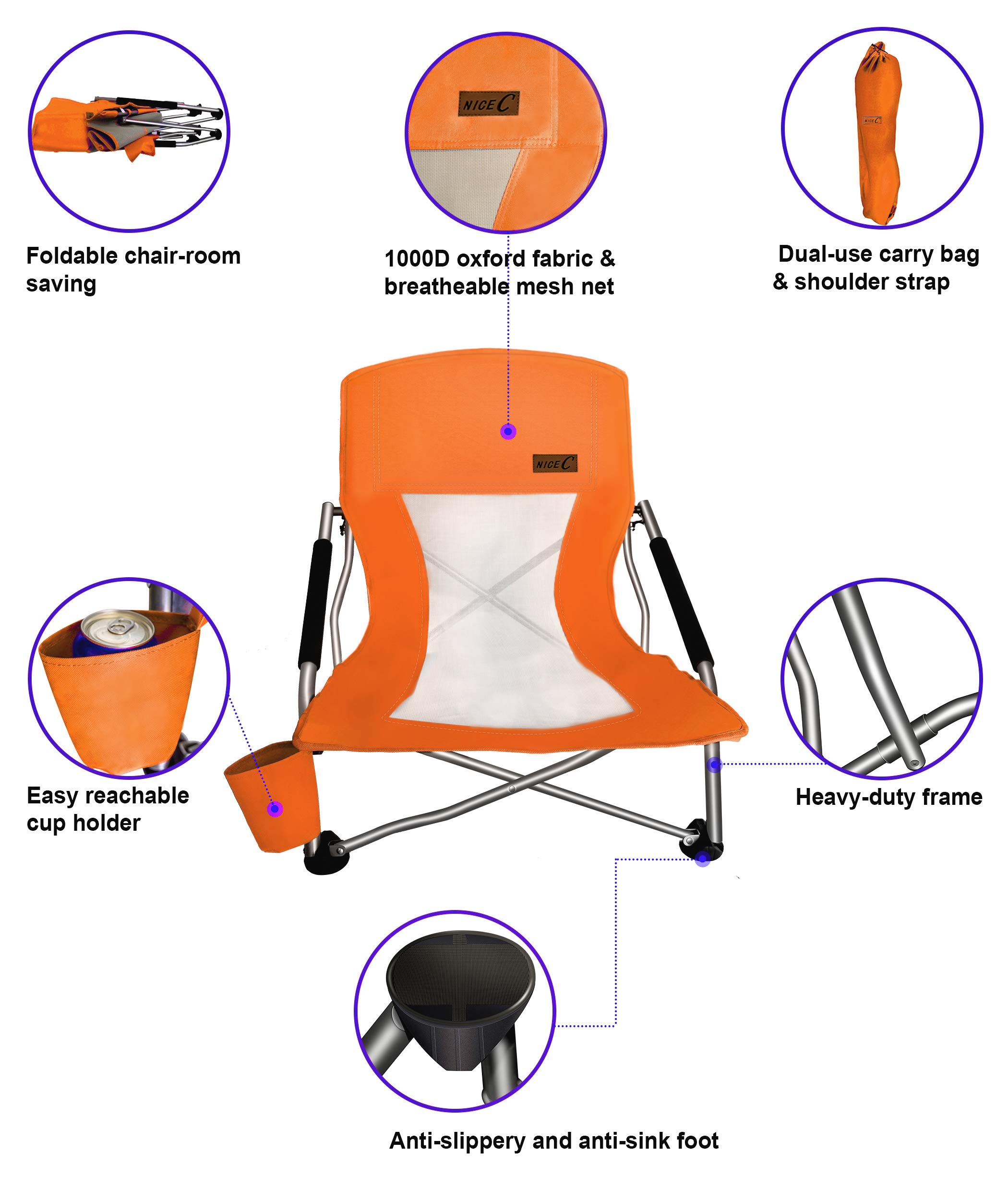 2 Pack Low Beach Chairs for Adults - Portable Folding Sling Sand Chairs with Cup Holder & Carry Bag - Perfect for Beach, Boat, Concert, Camping & Outdoor Activities (Orange)