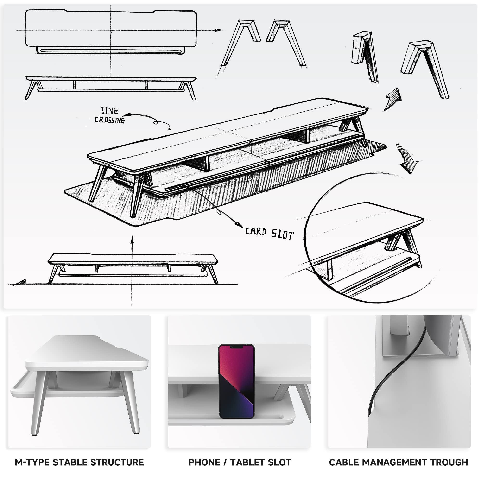 Dual Monitor Stand for 2 Screens - 42.5 Inch Wooden Desk Shelf with Storage Organizer & Cable Management | Perfect for Home Office Setup, Gaming Station & Workspace Accessories