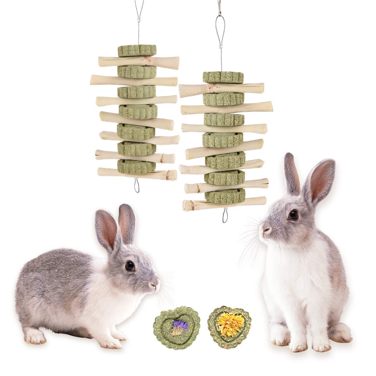 Natural Alfalfa Chew Toys for Rabbits, Hamsters, Guinea Pigs & Chinchillas - 4 Pack Dental Care Molar Treats with Sweet Bamboo - Hanging Small Pet Teeth Health Toys for Cage Enrichment & Stress Relief