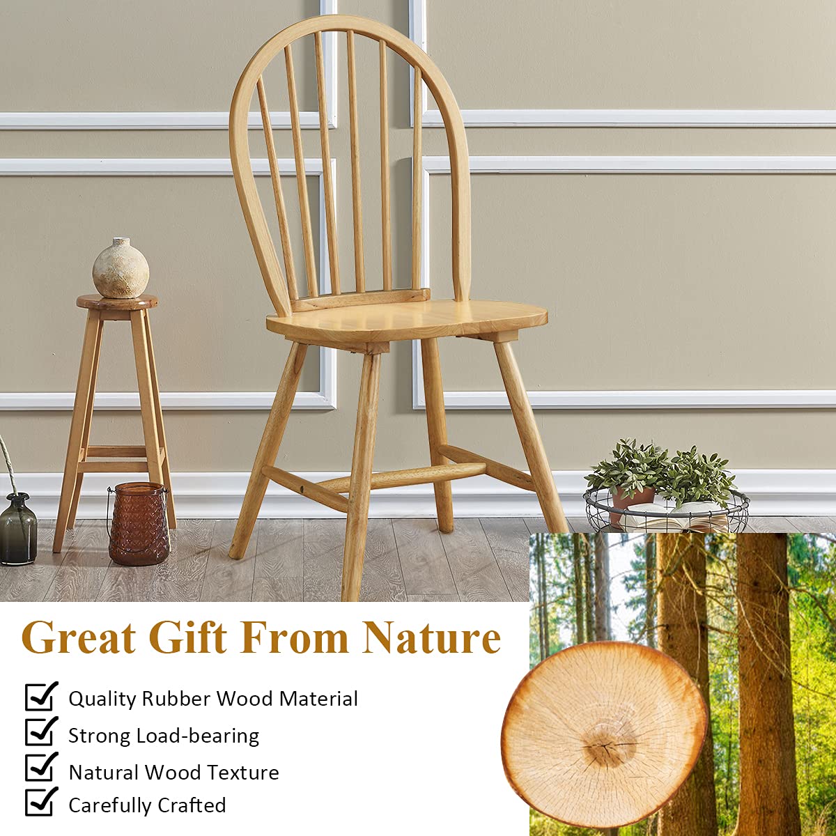 KOTEK Solid Wood Dining Chairs Set of 4 - Natural Windsor Spindle Back Chairs with Wide Seat - Farmhouse Style Side Chairs for Dining Room, Kitchen, Restaurant & Home Decor - Perfect for Family Gatherings, Dinner Parties and Country Style Interior Design