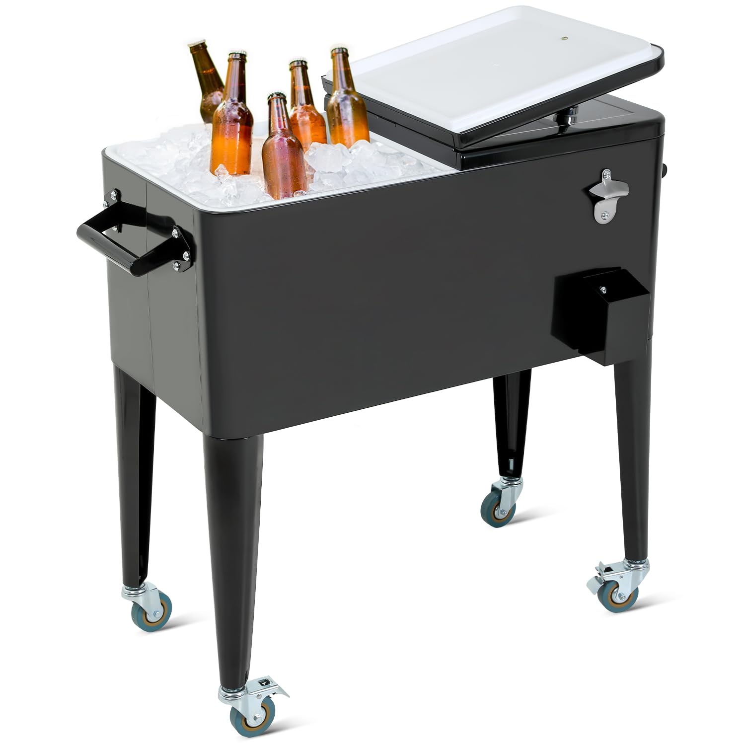 80-Quart Rolling Cooler Cart with Wheels & Bottle Opener - Portable Outdoor Beverage Ice Chest for Backyard, Deck, Pool Party & Camping - Heavy Duty Patio Cooler with Double Side Handles & Cap Catcher