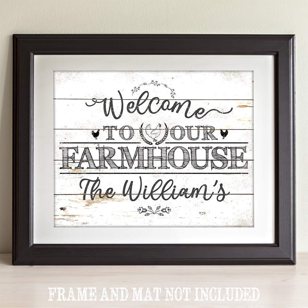 Personalized Farmhouse Welcome Sign - Custom Name Print, Chicken Coop Decor, Family Farm Gift - 11x14 Unframed Wood Style Poster - Perfect for Front Porch, Country Kitchen & Rustic Home Decor