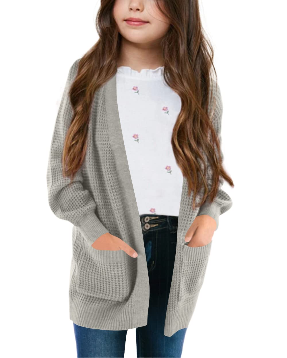 JOYCHEER Girls' Cardigan Sweaters - Soft Waffle Knit Open Front Long Sleeve Sweater with Pockets | Casual Fall & Winter Layering for School, Outfits, and Daily Wear