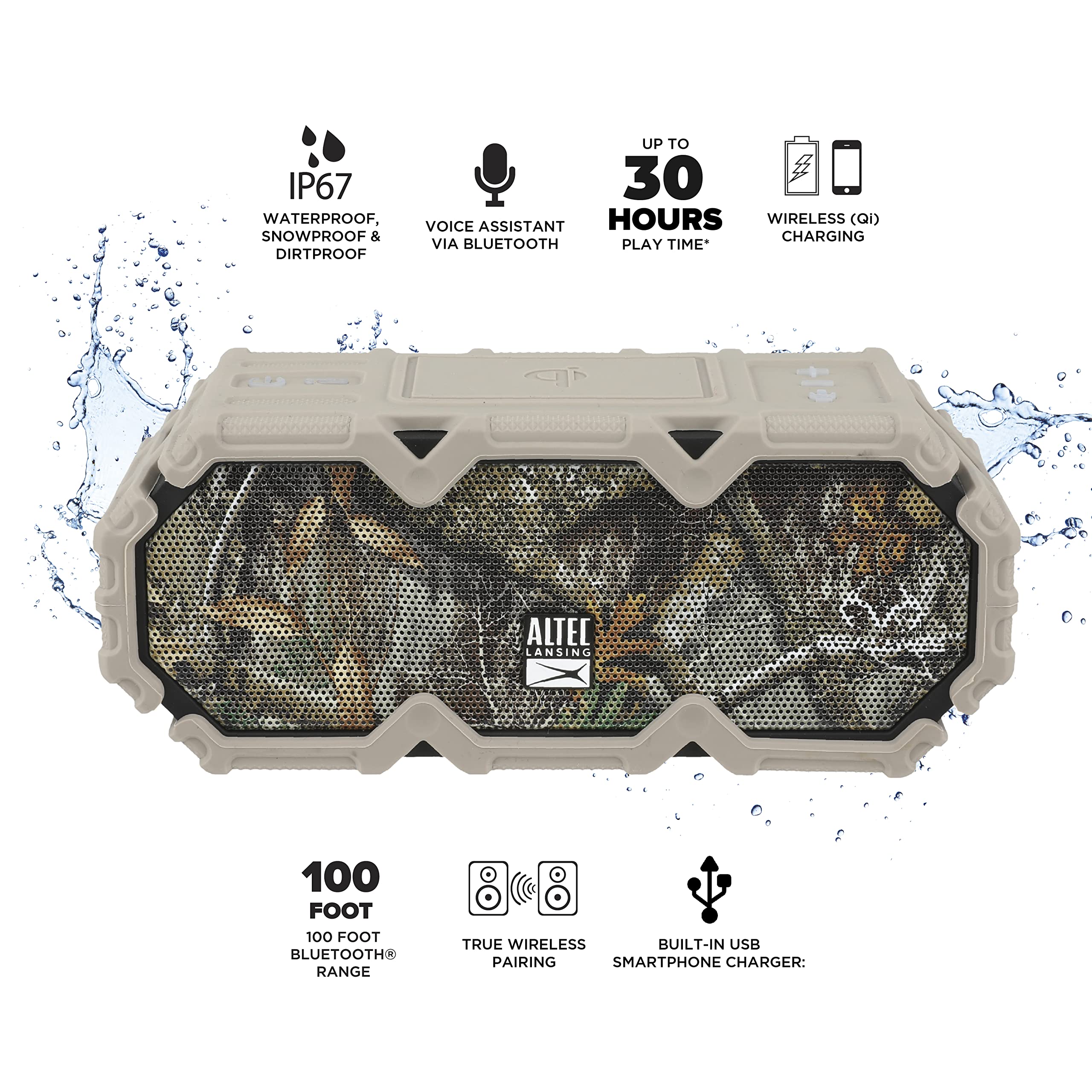 Altec Lansing x Realtree® IMW580 Rugged Bluetooth Speaker with Qi Wireless Charging | 20-Hour Battery Life | IP67 Waterproof | Heavy-Duty Design | LED Lights | 100ft Wireless Range | Voice Assistant | Perfect for Camping, Hiking & Outdoor Adventures