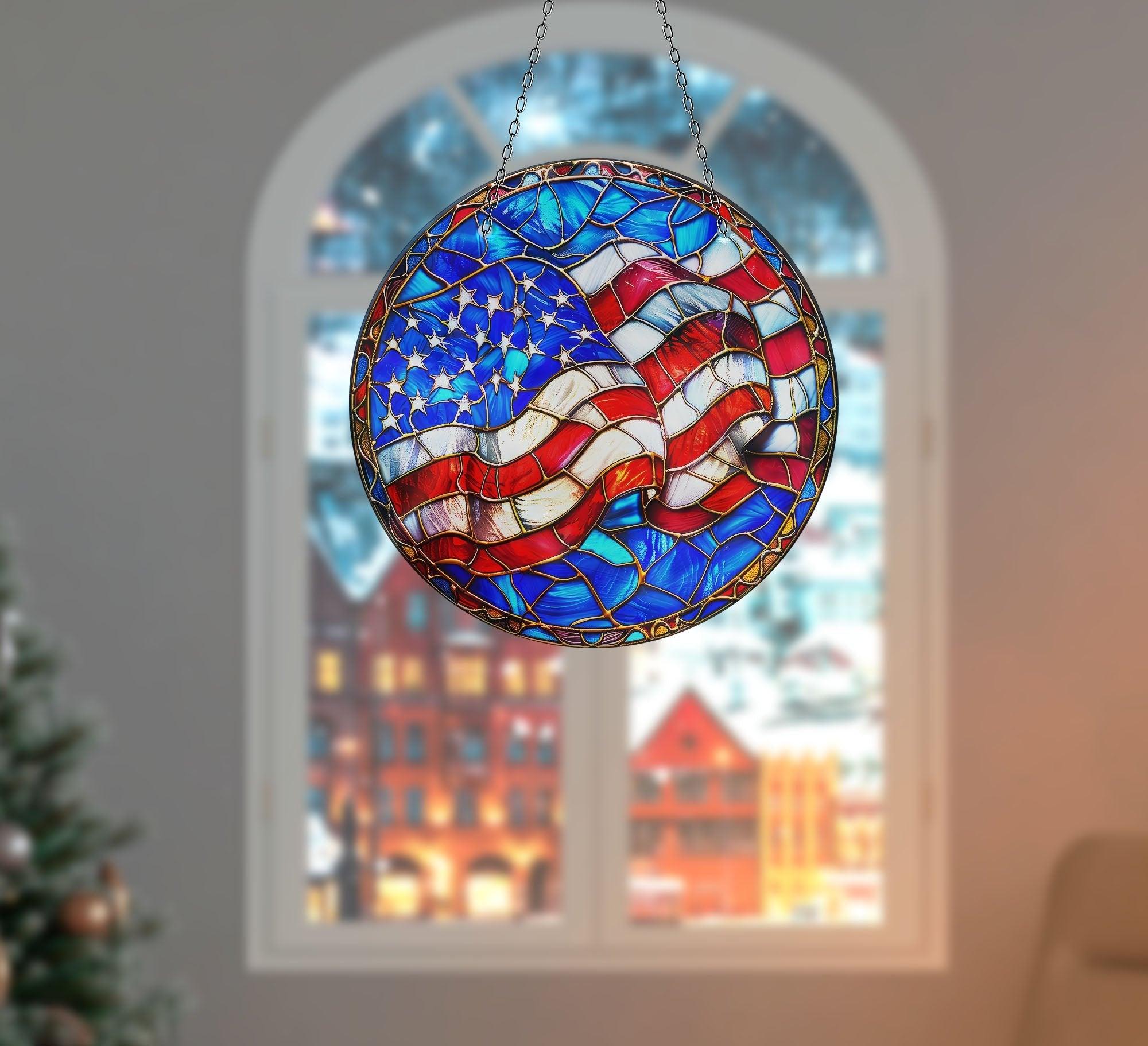 American Flag Suncatcher - Patriotic Window Decoration for Home & Office - Perfect for Independence Day, Memorial Day & Veterans Day Decor