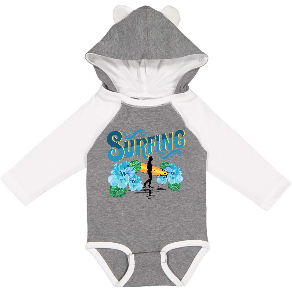 Inktastic I Love Surfing with Hawaiian Flowers Long Sleeve Baby Bodysuit - Soft Cotton Creeper for Boys & Girls, Perfect for Beach Trips & Surfing Adventures
