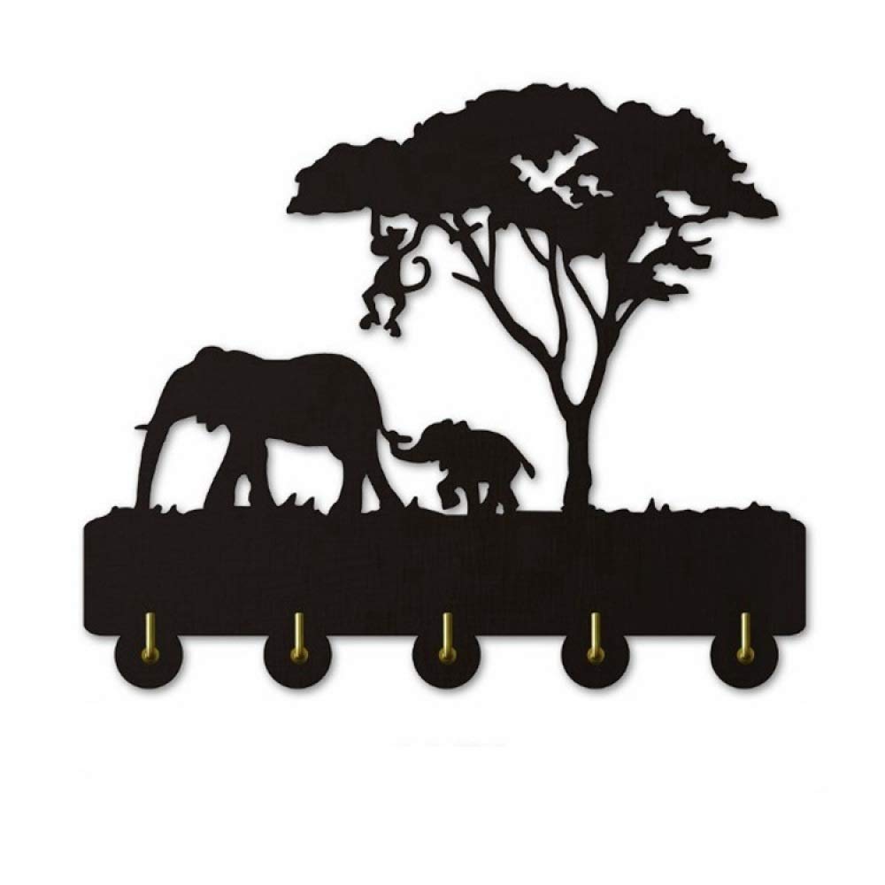 Elephant Wooden Wall Hooks - Creative Personalized Key Hooks & Coat Rack - Decorative Wall Hanging for Keys, Coats, Towels - Perfect for Kitchen, Bathroom, Entryway & Bedroom Organization - Black