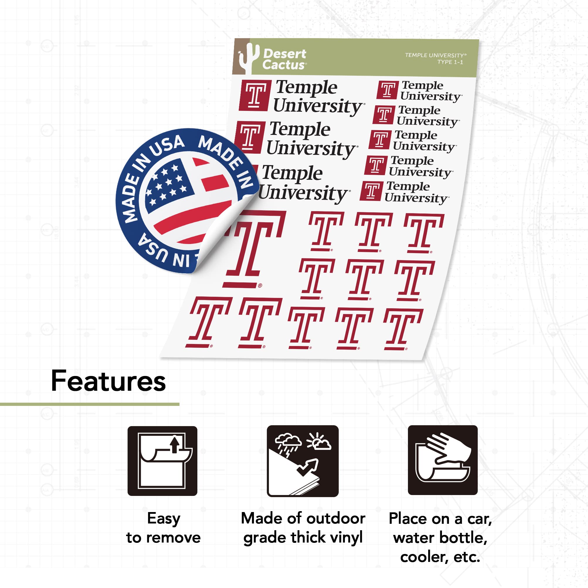 TU Owls Vinyl Decals - Desert Cactus Temple University Stickers for Laptop, Water Bottle, Car & Scrapbook (13.43x10.98 Inch Sheet) - Perfect for School Spirit, College Dorm Decor & Fan Gifts