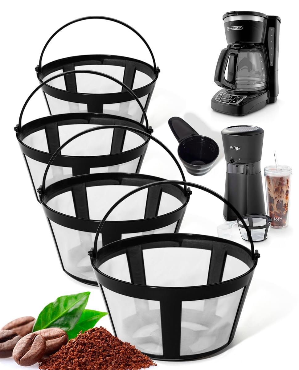 4-Pack Reusable Coffee Filters with Handle for 8-12 Cup Mr. Coffee & Black & Decker Coffee Makers - Eco-Friendly Mesh Basket for Drip Brewing at Home or Office