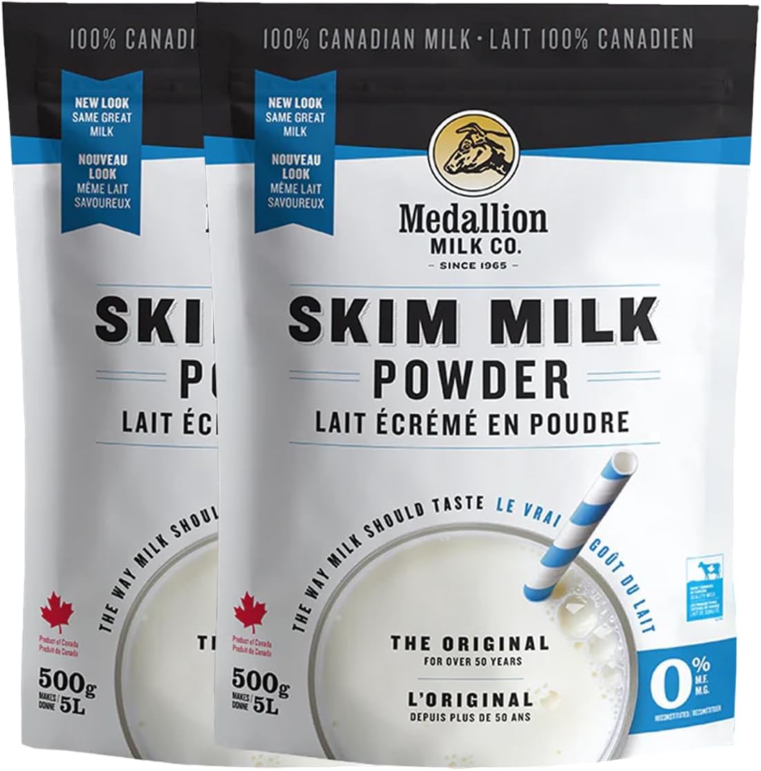 Premium Medallion Brand Skim Milk Powder 500g (2-Pack) - 100% Canadian Dried Milk, Antibiotic-Free, No rbST or rBGH - Perfect for Baking, Coffee Creamer & Emergency Food Storage