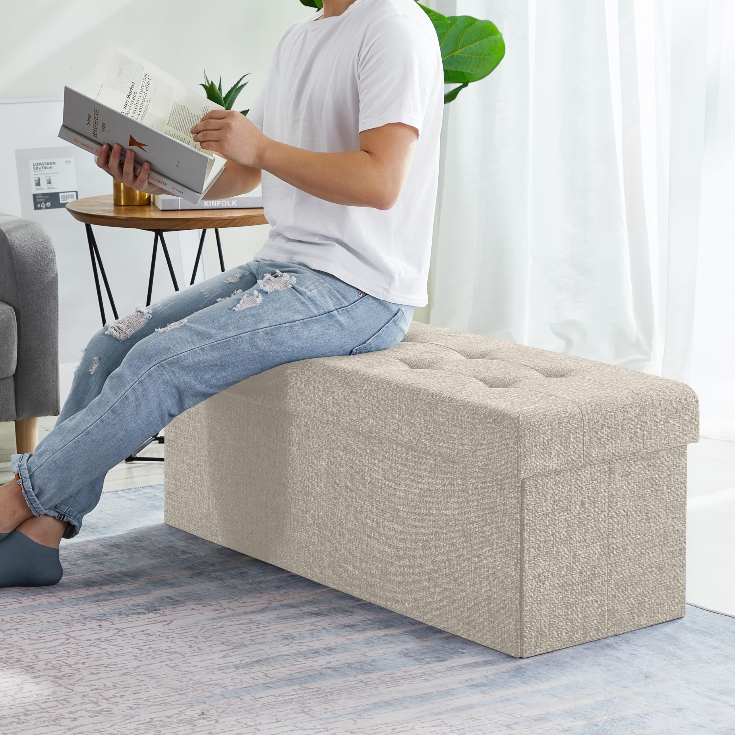 Ornavo Home 45 Inch Folding Storage Ottoman Bench with Removable Top - Large Foot Rest Stool, Multi-Functional Chest for Living Room, Bedroom & Entryway (Beige) | Perfect for Extra Seating, Blanket Storage & Home Organization