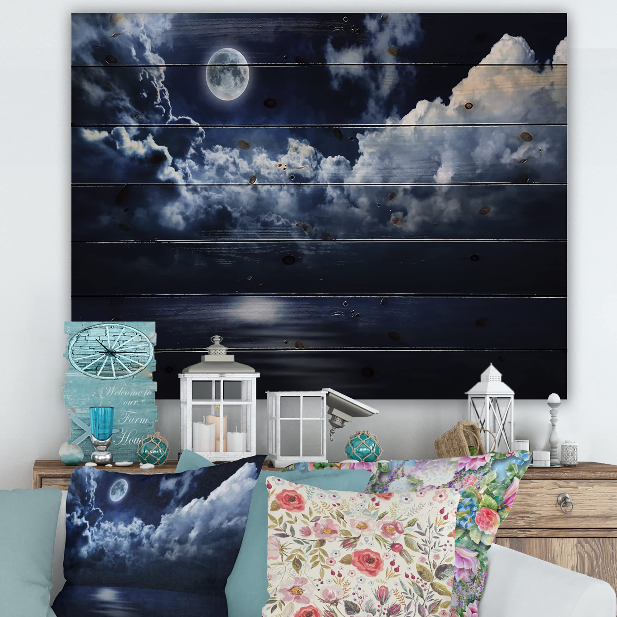 Full Moon Wood Wall Art - Modern Blue Astronomy Decor for Living Room