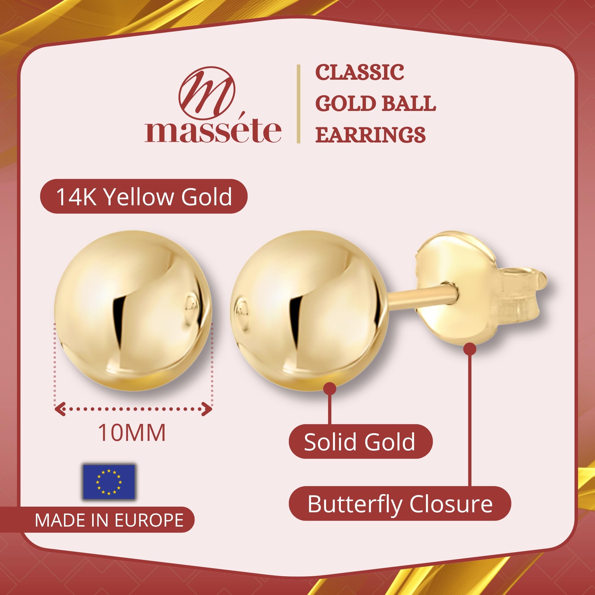 10K & 14K Gold Ball Stud Earrings for Women - Hypoallergenic Nickel Free (5mm-12mm) in White/Yellow/Rose Gold - Perfect for Everyday Wear, Gift Giving & Special Occasions