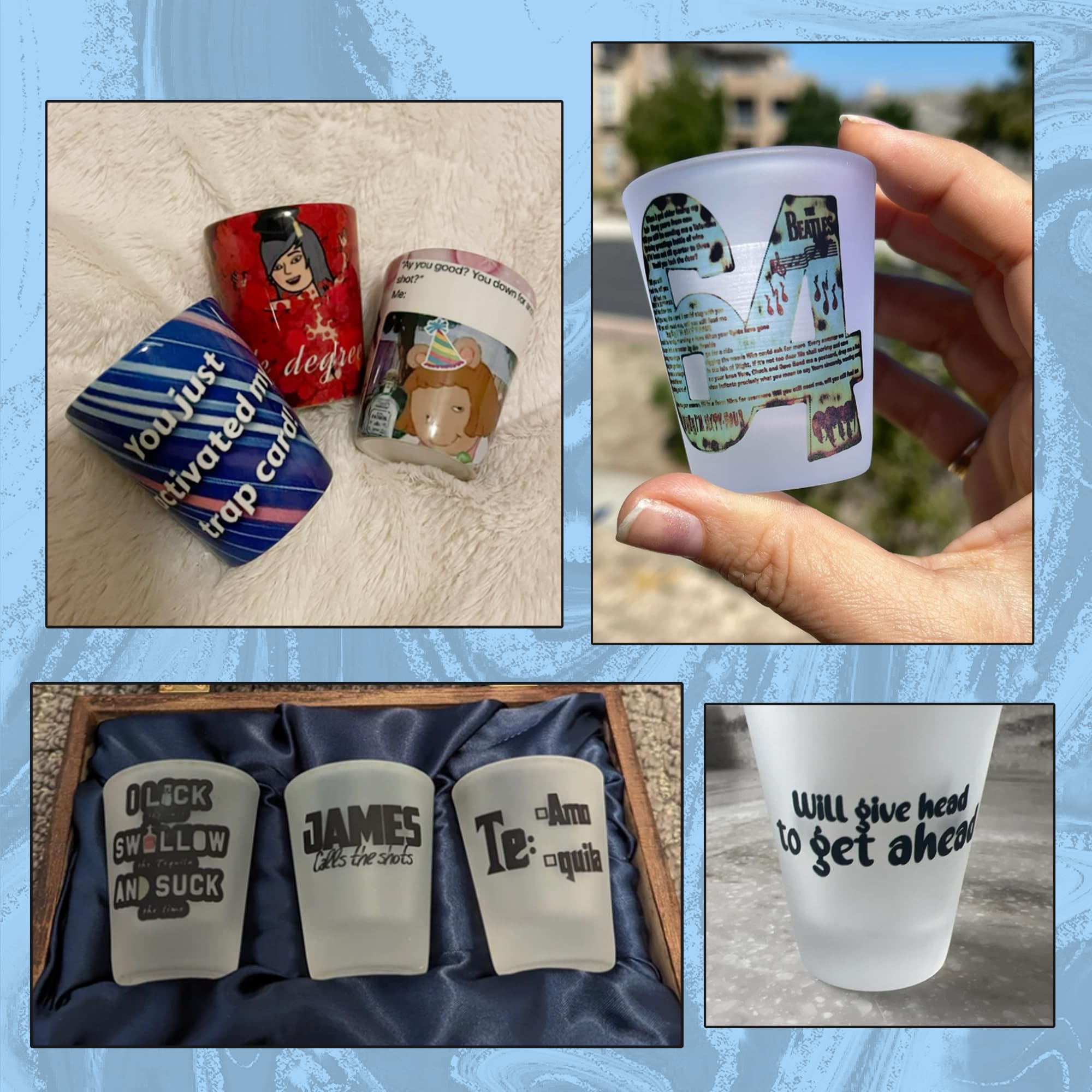 Custom Personalized Photo & Text Shot Glasses - 2oz Ceramic & 1.5oz Frosted Glass Bar Accessories for Whiskey, Tequila, Vodka - Perfect for Parties, Weddings, Bachelor/Bachelorette Events & Home Bars