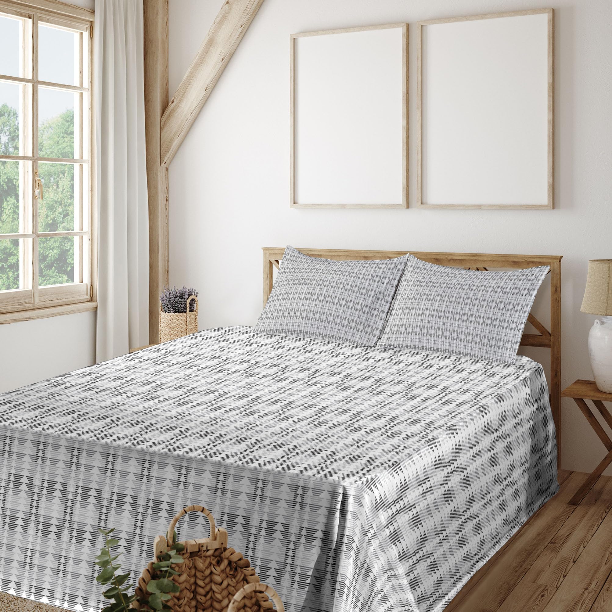 Ambesonne Abstract King Size 4-Piece Sheet Set - Grey & White Stripes & Triangles Design, Fitted & Flat Sheets with Pillowcases - Modern Bedroom Decor for Home, Hotel, or Guest Room