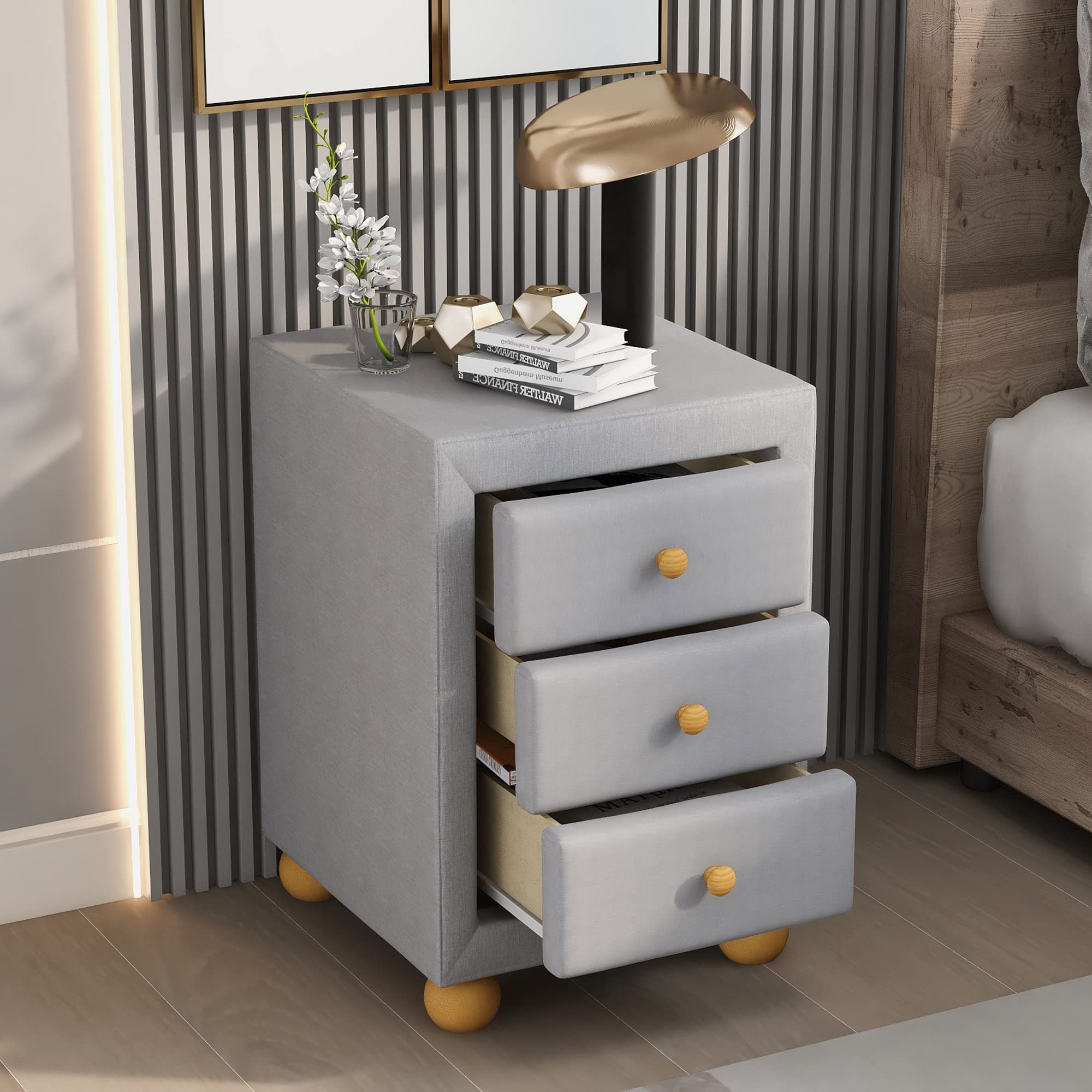 Modern Upholstered Storage Nightstand with 3 Drawers & Natural Wood Knobs - Bedside Cabinet End Table for Bedroom, Living Room, Hallway - Light Grey (B12) - Perfect for Small Space Organization & Stylish Home Decor