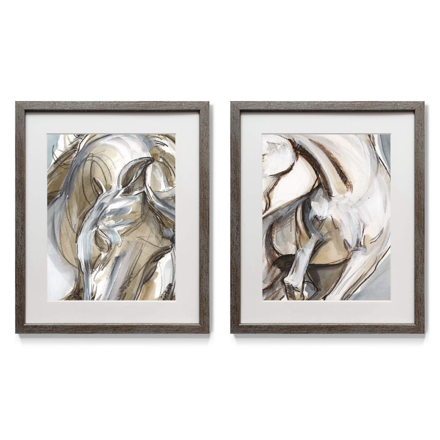 Modern Horse Abstract Framed Wall Art Set - 2 Piece Brown, Grey & Black Equine Paintings with Distressed Silver Frame, White Mat & Plexiglass (16x20 inches) | Made in USA | Perfect for Living Room, Office or Farmhouse Decor
