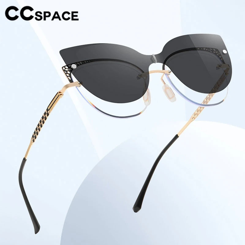 CCSpace Women's Full Rim Oval Cat Eye Alloy Eyeglasses with Clip-On Sunglasses - Fashionable Retro Frame for Work, Driving & Outdoor Activities (Model 302035)