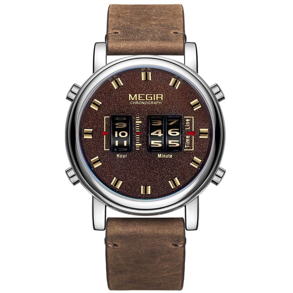 MEGIR Men's Military Sports Quartz Watch - Stylish Roller Design, Leather Strap, Waterproof Wristwatch for Outdoor Activities, Hiking & Casual Wear