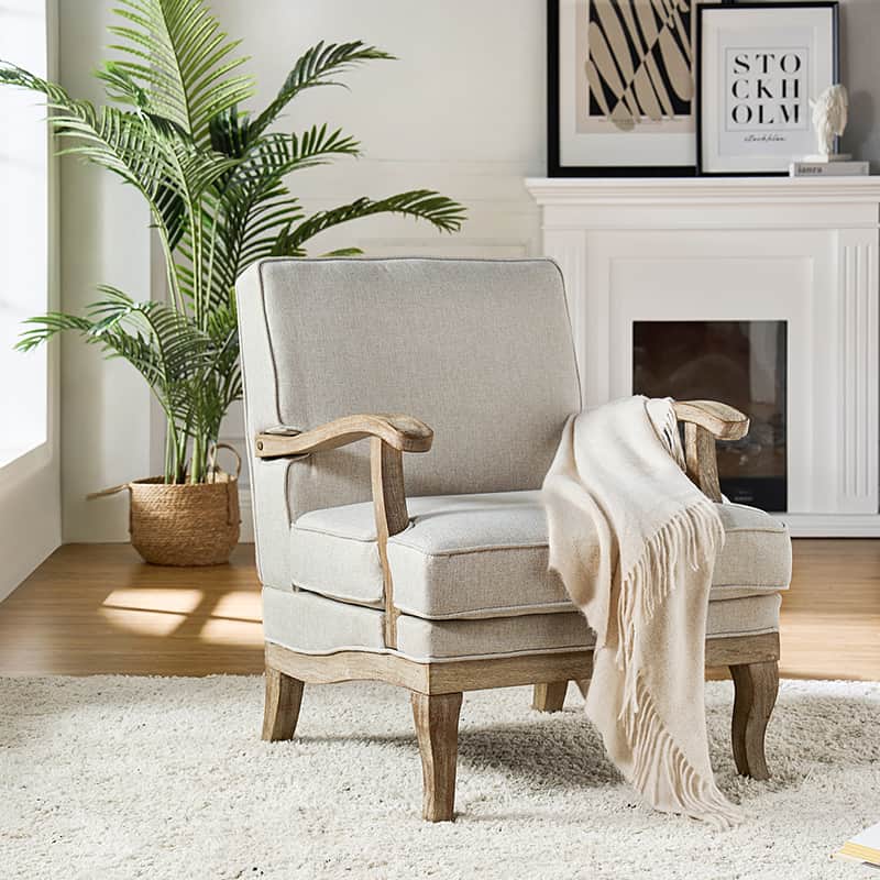 Randolph Farmhouse Upholstered Accent Chair with Wooden Legs - Comfortable Living Room Armchair for Home Decor, Reading Nook & Cozy Sitting Area (Multiple Style Options Available)
