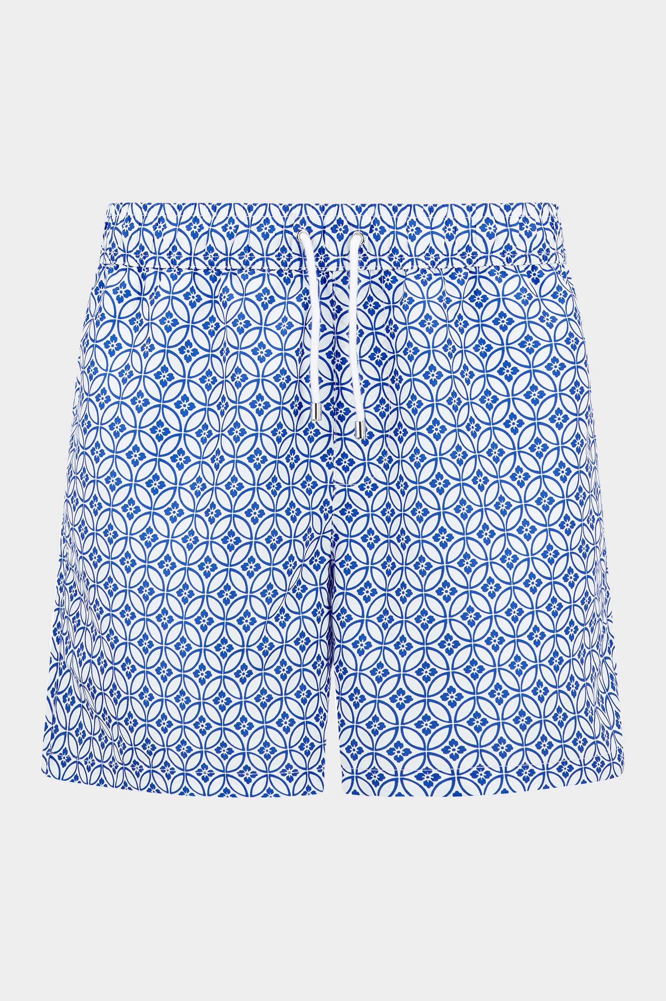 Eco-Friendly Men's Swim Shorts - Recycled Fabric, Geo Cobalt Blue & White Design | Perfect for Beach, Pool & Summer Water Activities