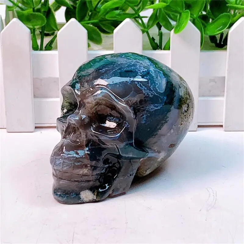 Natural Moss Agate Skull Crystal Carving - Healing Energy Stone for Home Decor, Meditation & Spiritual Gifts | Halloween Decor, Witchcraft Supplies & Reiki Healing Tool (1PC)
