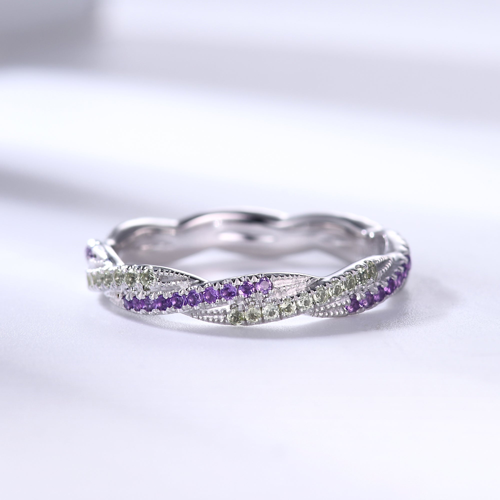 Natural Amethyst & Peridot Twisted Double Row Wedding Band - Crystal Full Eternity Ring for Women - Perfect for Engagement, Anniversary & Bridal Jewelry Gifts