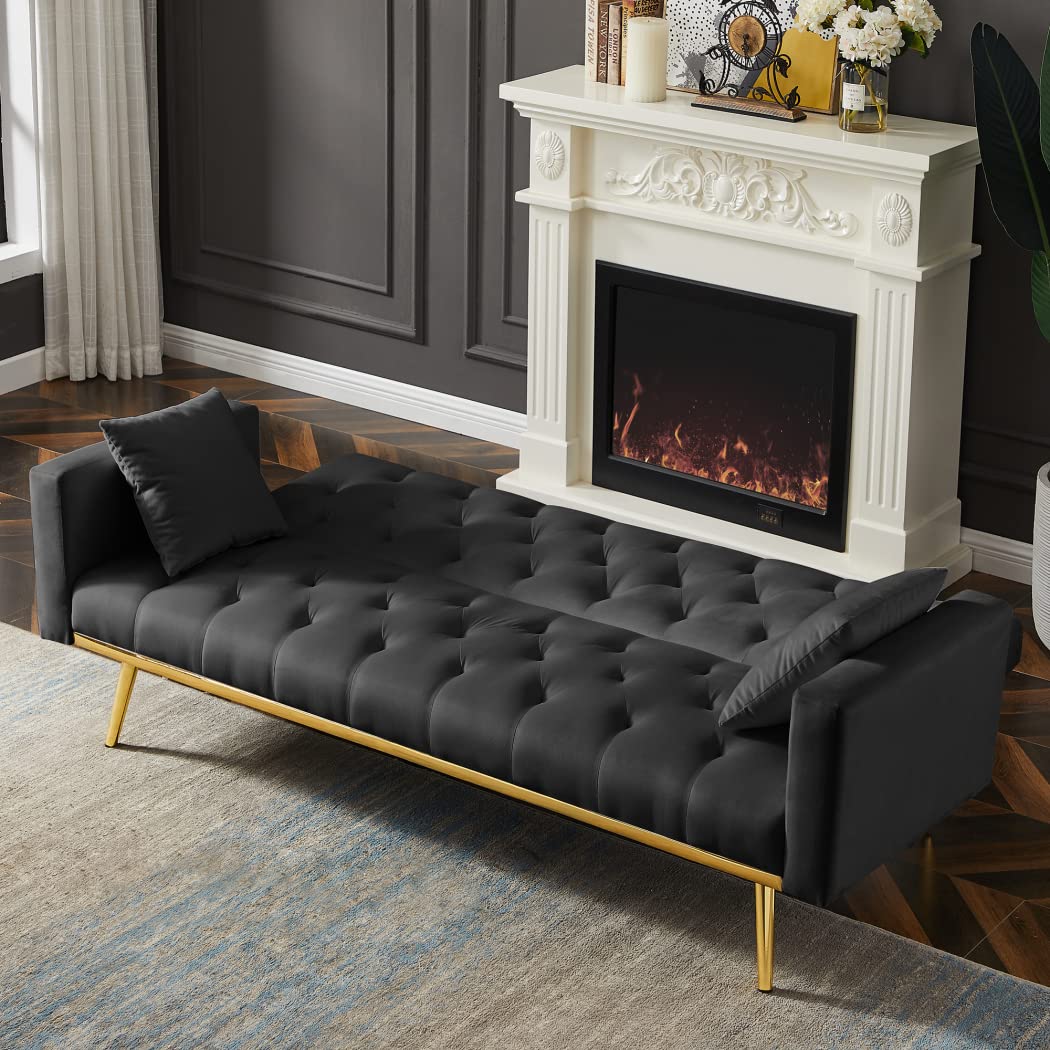 Velvet Futon Sofa Bed - 3 Seater Convertible Sleeper Sofa with Loveseat Option, Button Tufted Upholstery & Gold Metal Legs, Includes 2 Decorative Pillows - Easy Assembly (Black) | Perfect for Small Apartments, Guest Rooms & Home Offices