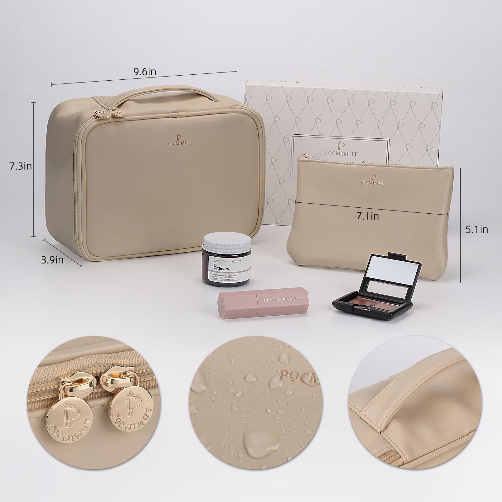 Pocmimut Leather Travel Makeup Bag with Brush Holder - Waterproof Cosmetic Organizer for Women, Perfect for Vacation & Daily Use (Apricot)