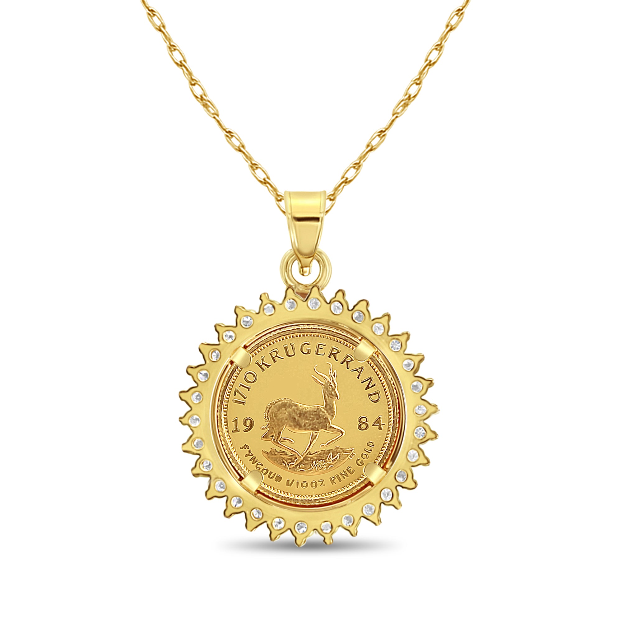 South African Krugerrand Coin Necklace with Diamond Halo - 1 oz Gold Coin Pendant Jewelry for Women - Perfect for Gifts, Special Occasions & Luxury Fashion Accessories