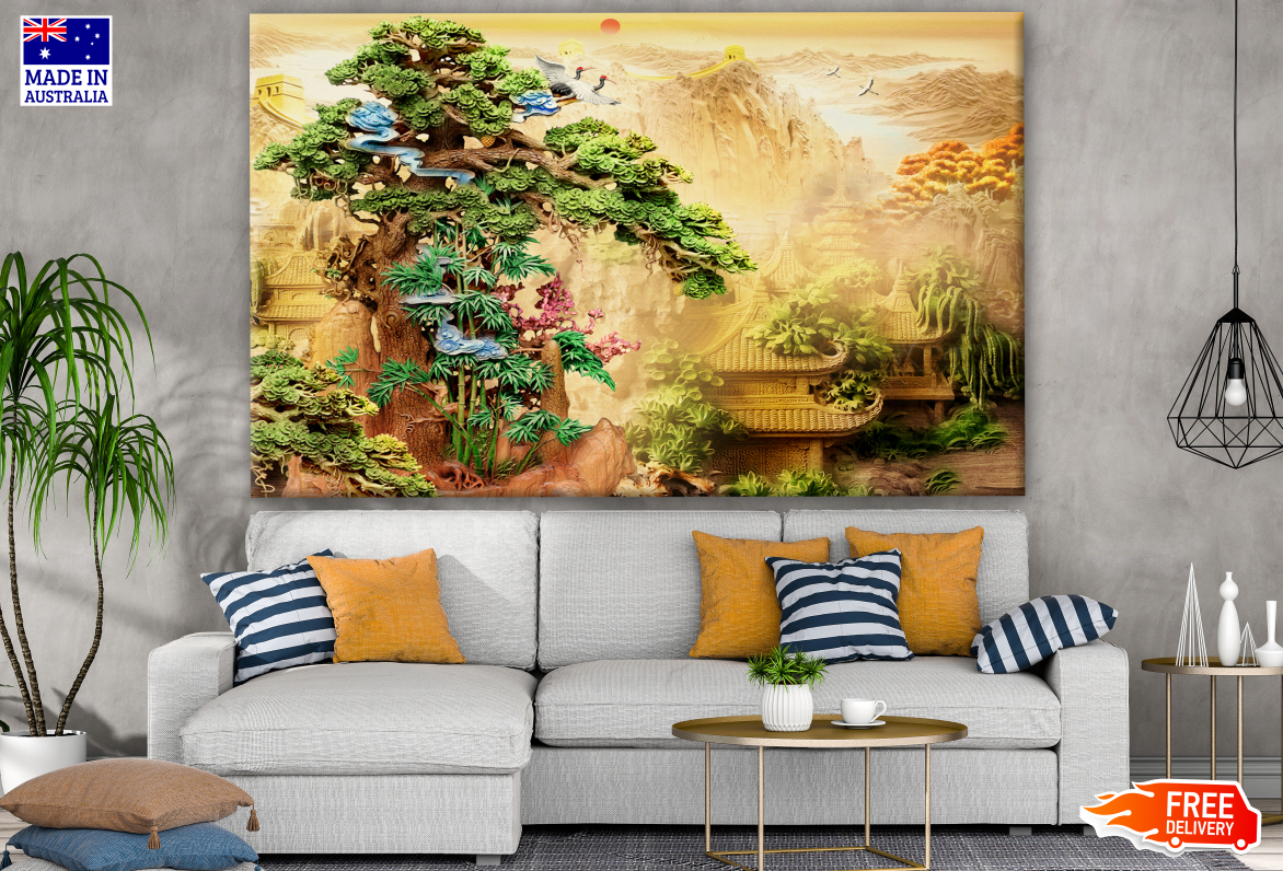 3D Tree & Old Chinese House Wall Art with Birds - Handmade Australian Canvas Print - Perfect for Living Room, Bedroom & Office Decor