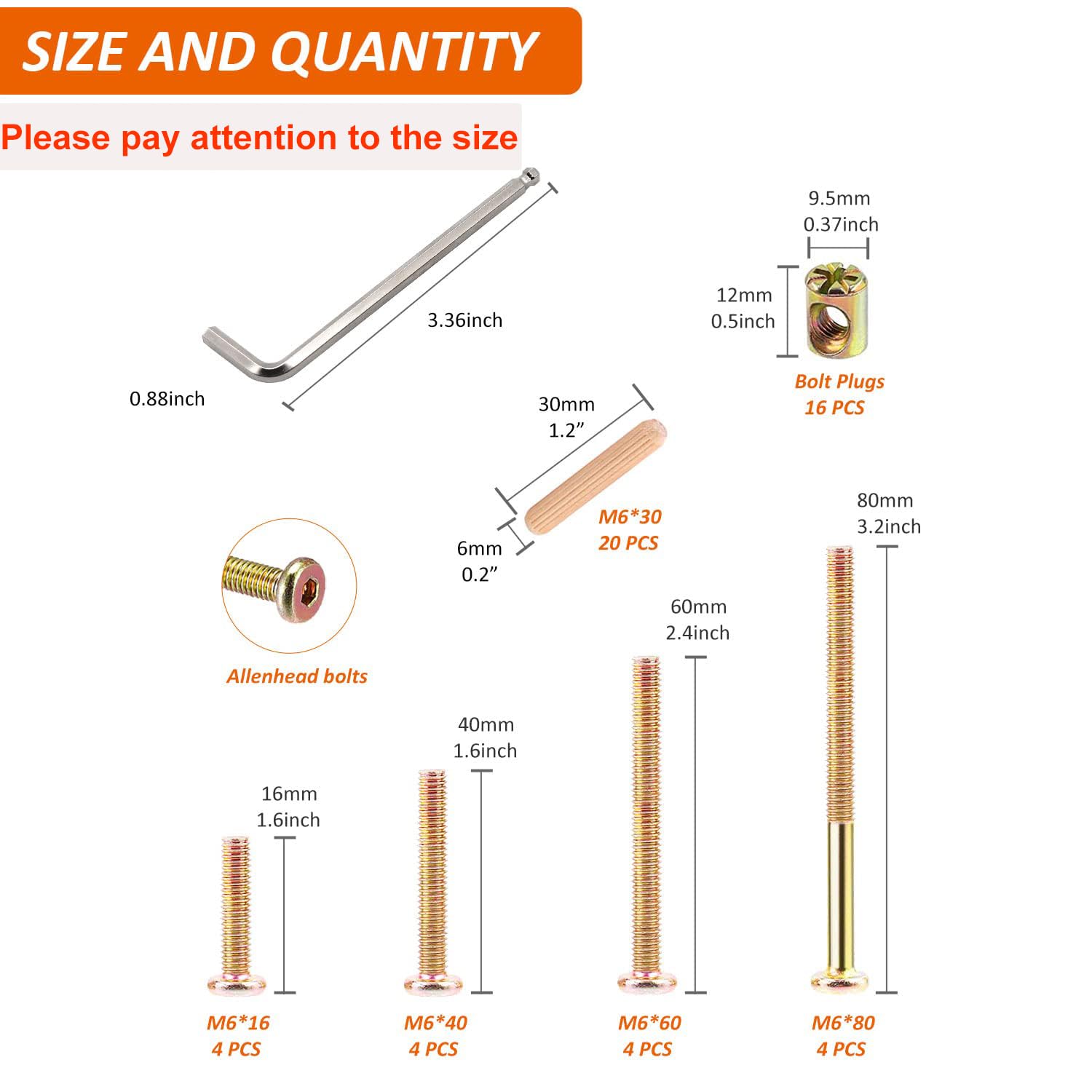 Baby Crib Screw Kit - 16pcs M6x16-80mm Bed Frame Bolts & Nuts for Furniture Assembly
