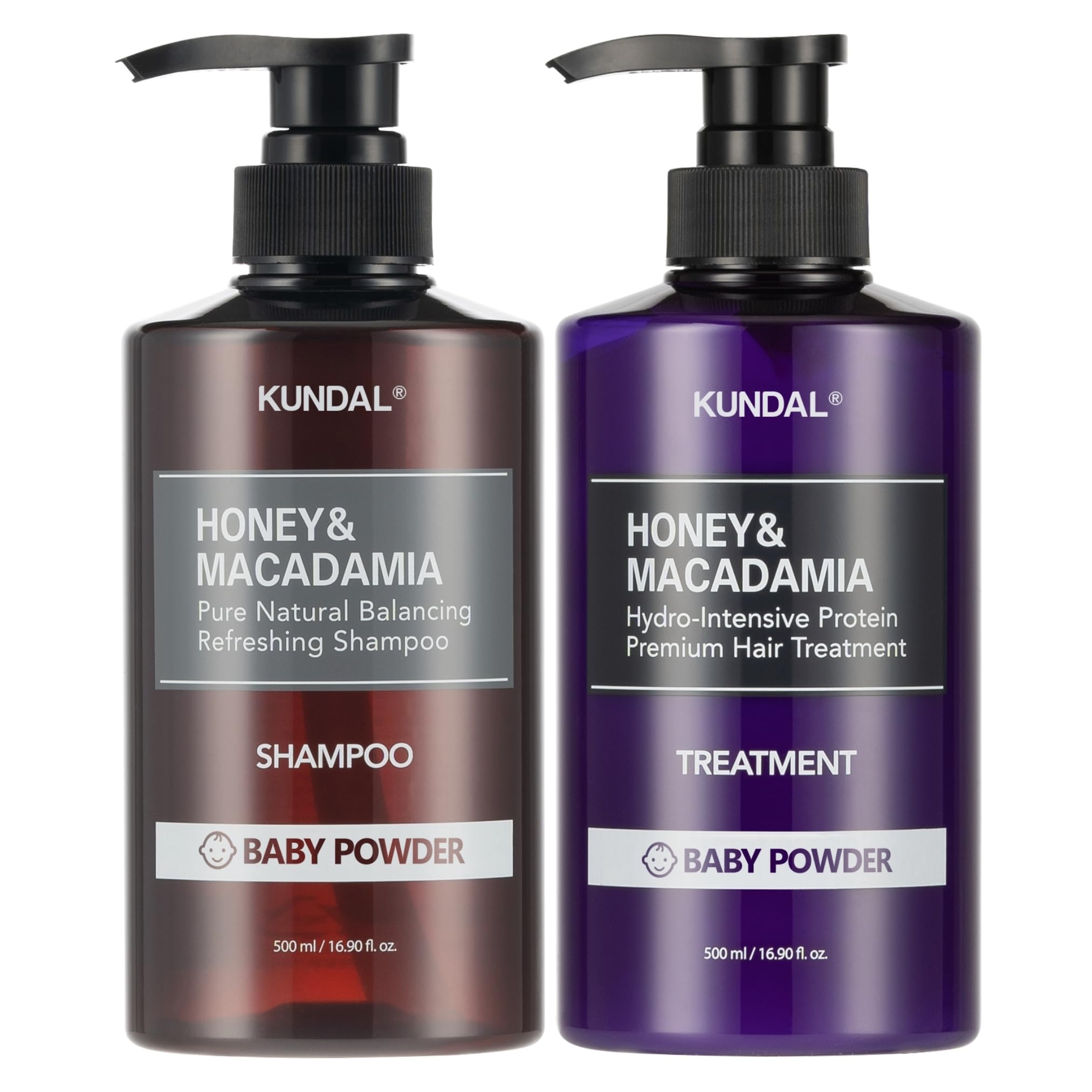 KUNDAL Natural Shampoo and Conditioner Set with Baby Powder Scent - Korean Hair Care for Moisturizing, Nourishing & Frizz Control | Sulfate-Free with Argan & Macadamia Oil (16.9 fl oz, Pack of 2) | Perfect for Dry, Damaged Hair & Daily Hair Care Routine