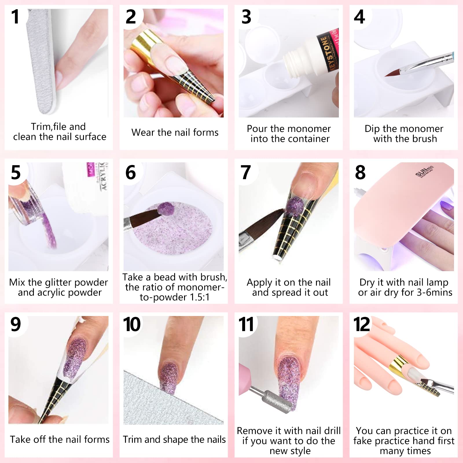 Professional Nail Practice Hand for Acrylic Nails - Flexible Rubber Training Hand with Nail Drill & Dryer Lamp - 12 Color Acrylic Powder Kit for Beginners - Perfect for Salon Training & Home Nail Art Practice