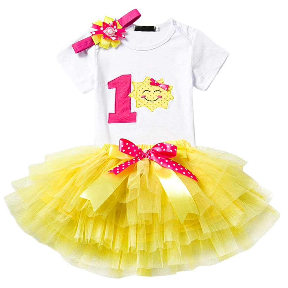 Baby Girl's 1st Birthday Outfit Set - 3Pcs Romper, Tutu Dress & Headband - Cake Smash Photo Shoot - Yellow Sun Design - One Size (12 Months) | Perfect for Birthday Parties, Photoshoots & Special Occasions