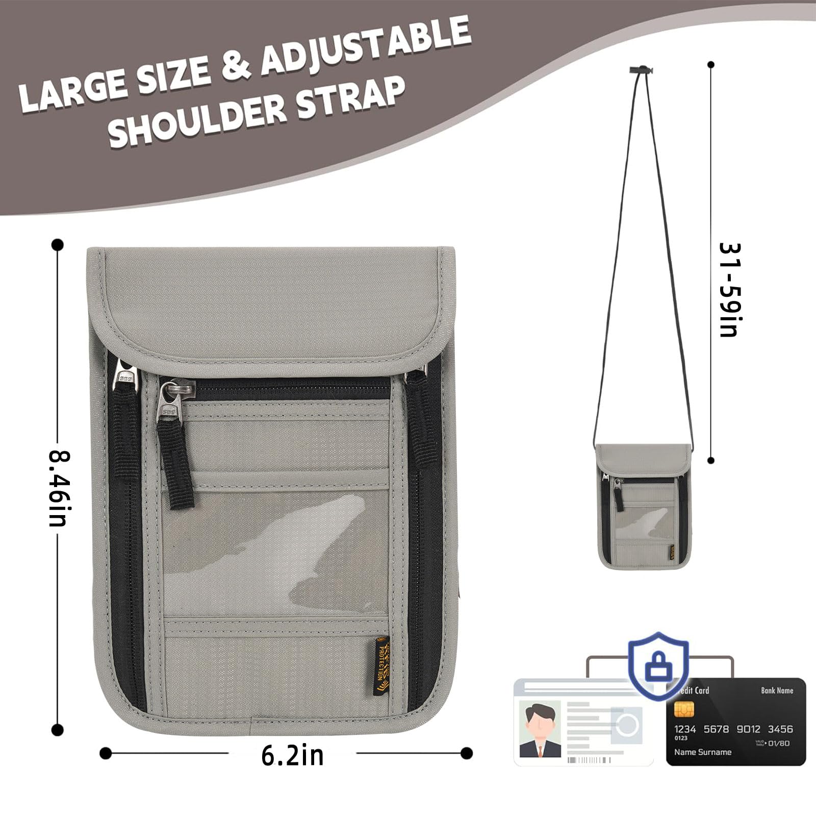 RFID Blocking Travel Neck Pouch - Passport Holder & Wallet Organizer for Family Vacations (Light Grey) | Secure Storage for Passports, Cards & Cash During Air Travel, Sightseeing & Outdoor Adventures