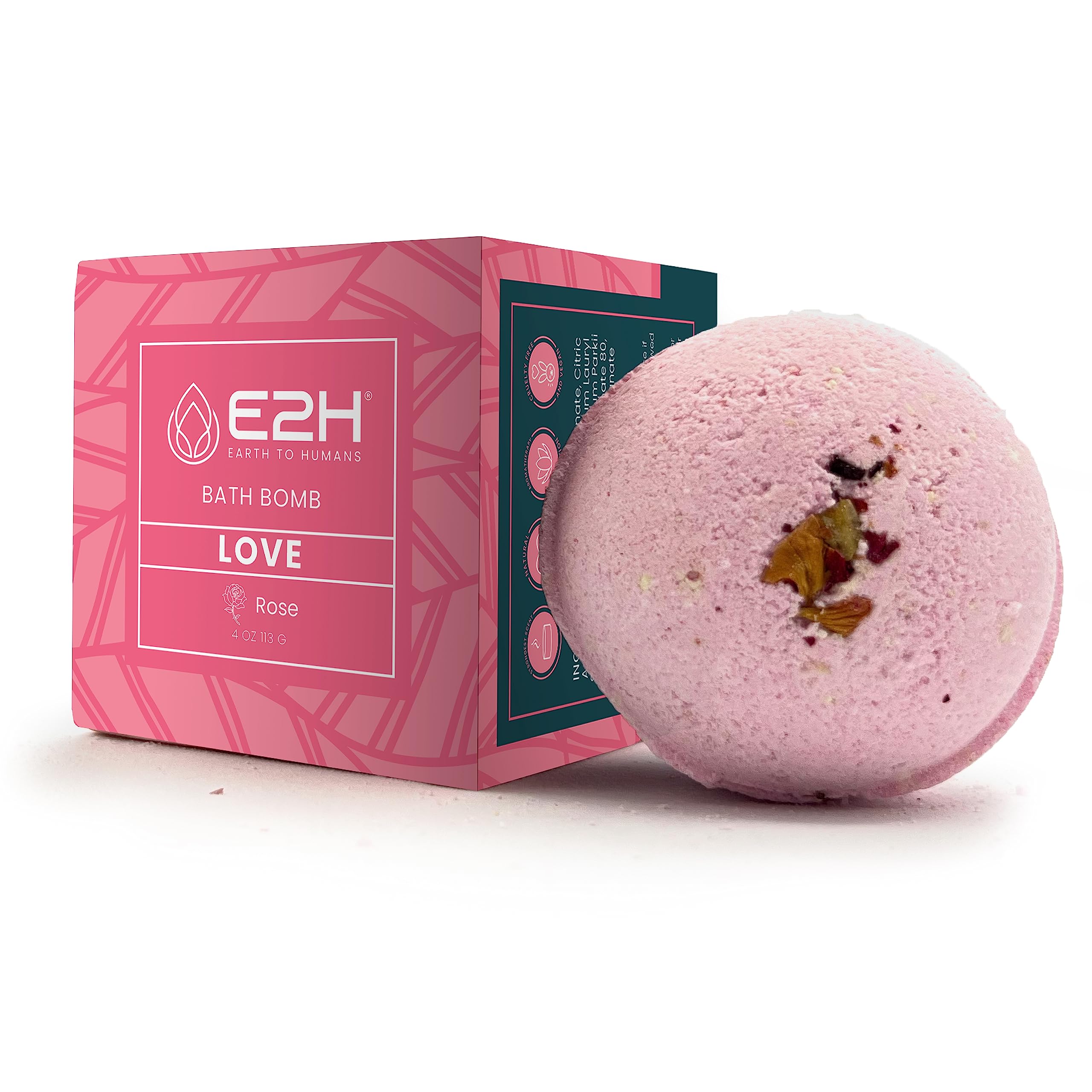 E2H Love Bath Bomb - Rose Scented Relaxing Bath Soak for Valentine's Day, Self Care & Romantic Gifts - Perfect for Spa Nights, Couples Bath & Stress Relief