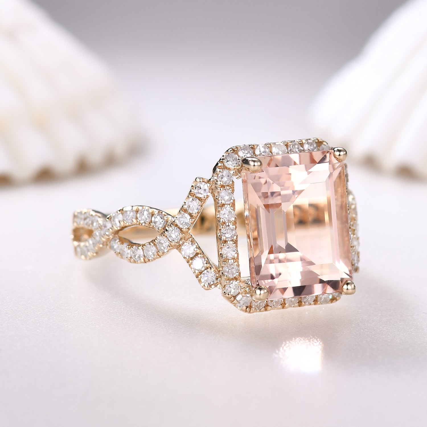 Vintage Emerald Cut Morganite Engagement Ring with Halo Diamond Split Shank Band - Elegant Wedding Jewelry for Brides, Anniversary Gifts & Proposal Scenes