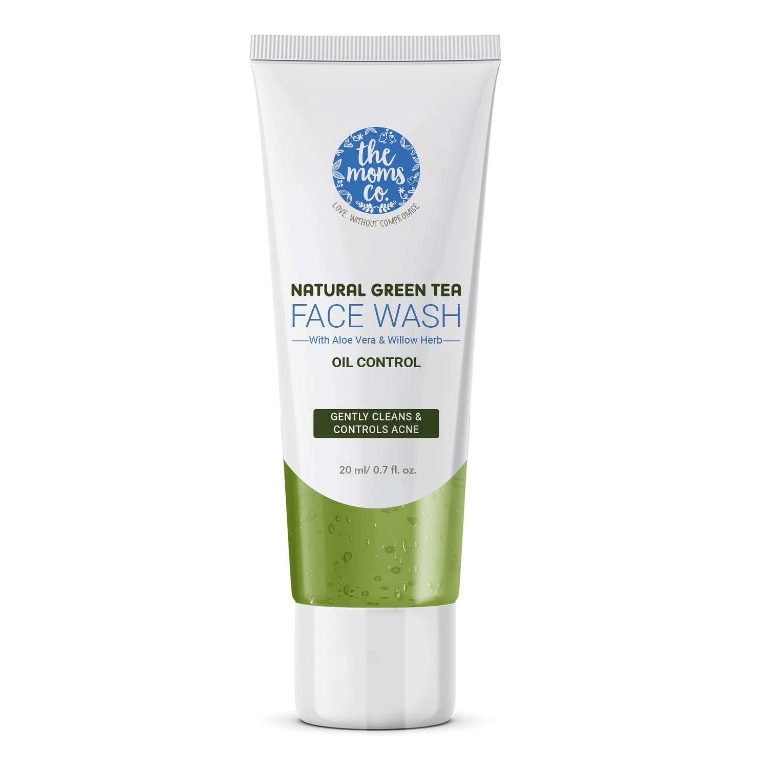 The Moms Co. Natural Green Tea Face Wash with Aloe Vera & Niacinamide - Anti Acne Cleanser for Oily Skin | Soap-Free Gel Formula | Hydrates & Soothes Skin | 20ml | Perfect for Daily Skincare Routine & Travel