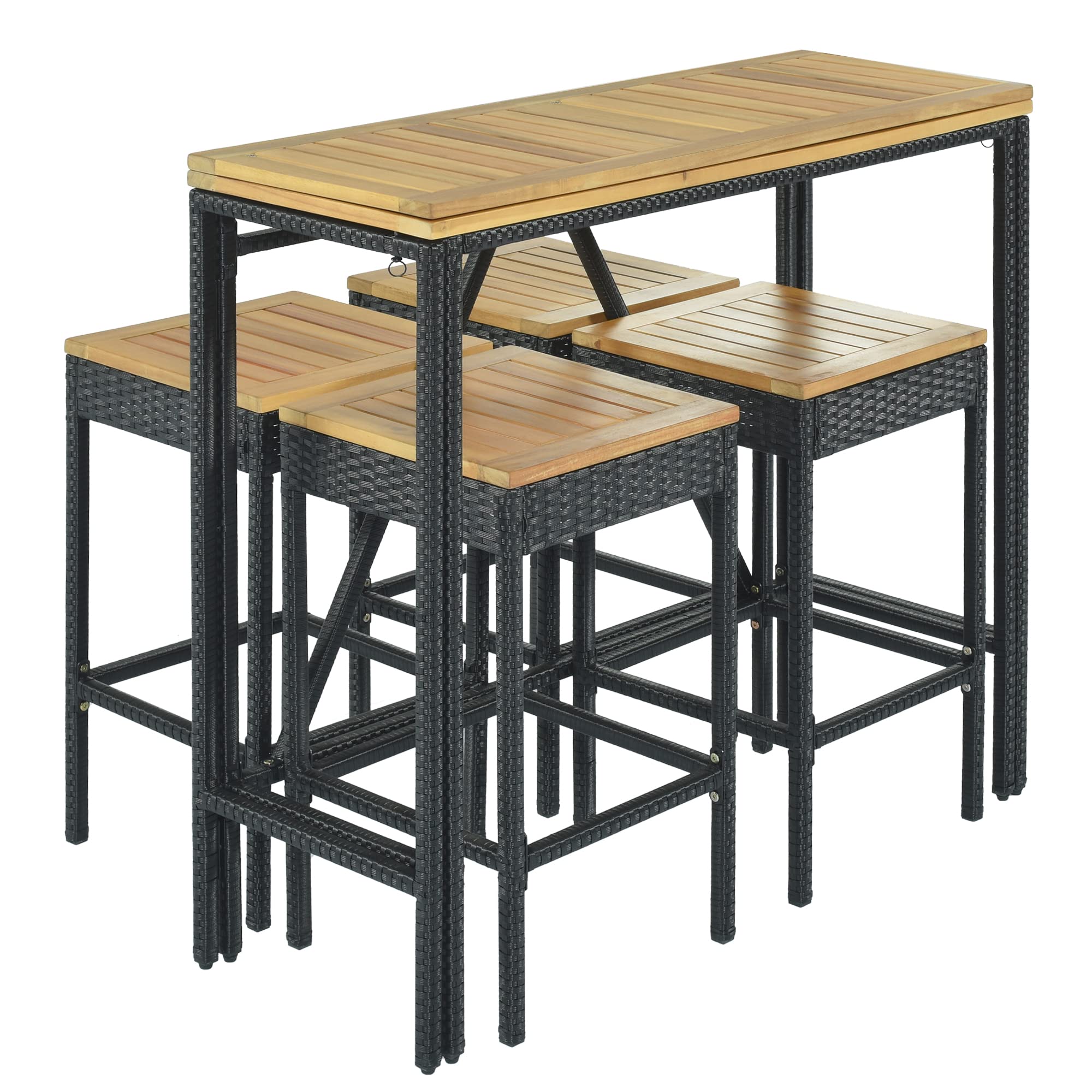 5-Piece Outdoor Patio Wicker Bar Set - High-Dining PE Rattan Bistro Set with Foldable Acacia Wood Table & Square Stools - All-Weather Space-Saving Conversation Set for Backyard, Garden or Balcony