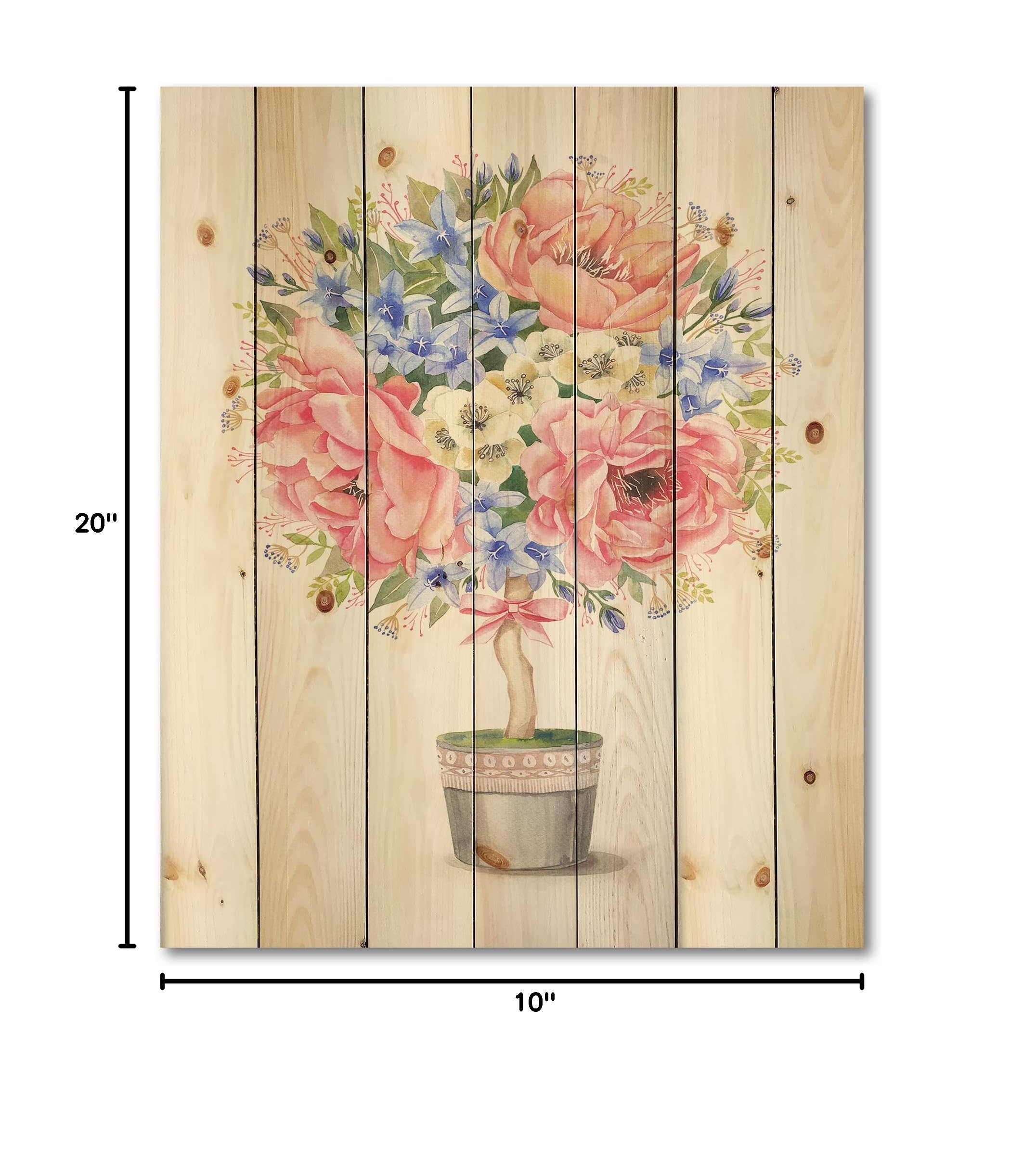 Farmhouse Floral Wood Wall Decor - Pink Flower Tree in Pot with Bow, Large Pine Wood Wall Art Panel for Living Room, Bedroom, Kitchen, and Home Decor